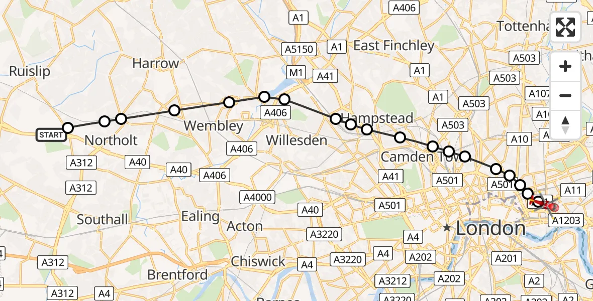 Flight path map showing Air Ambulance Helicopter route from RAF Northolt to Royal London Hospital