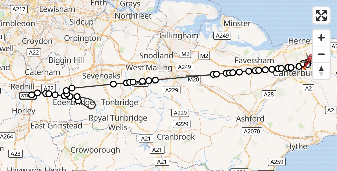 Flight path map showing Air Ambulance Helicopter route from Redhill Aerodrome to Westbere