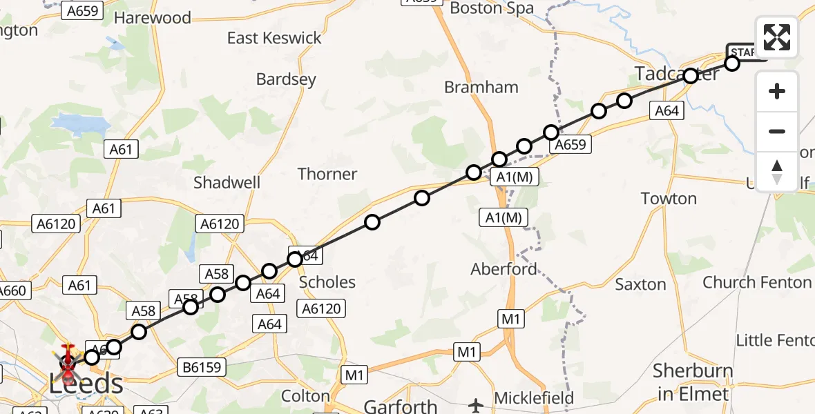 Flight path map showing Air Ambulance Helicopter route from Tadcaster to Hyde Park