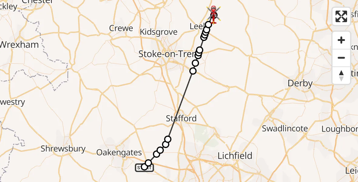 Flight path map showing Air Ambulance Helicopter route from RAF Cosford to Staffordshire Moorlands
