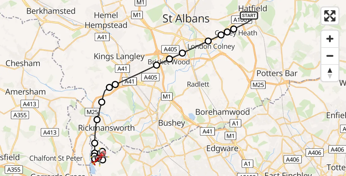 Flight path map showing Air Ambulance Helicopter route from Hatfield to Harefield Hospital