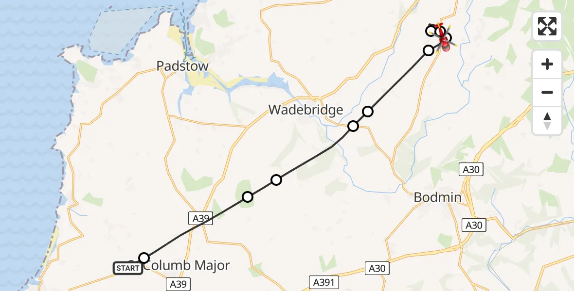 Flight path map showing Air Ambulance Helicopter route from Cornwall Airport Newquay to Michaelstow