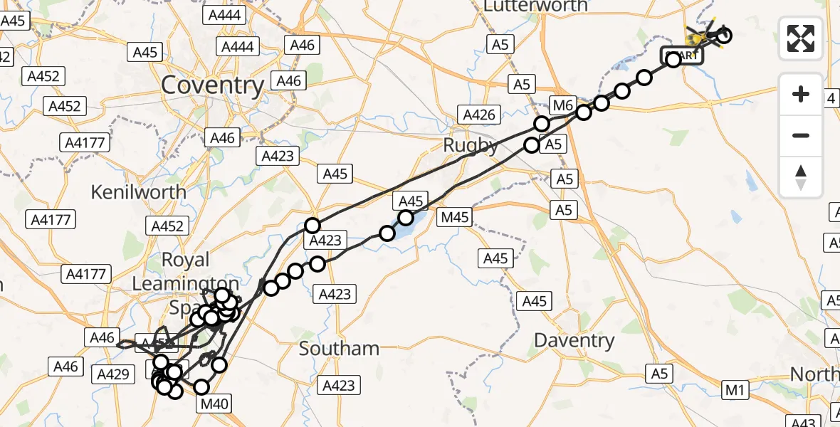 Flight path map showing Police Helicopter route from Husbands Bosworth to Harborough