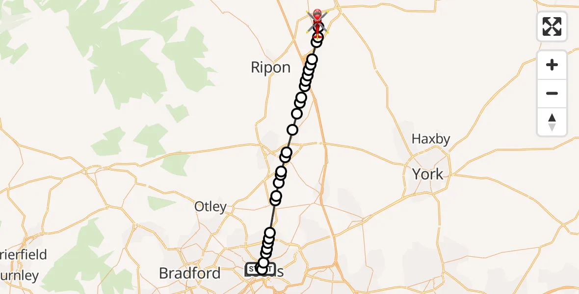 Flight path map showing Air Ambulance Helicopter route from Woodhouse to RAF Topcliffe