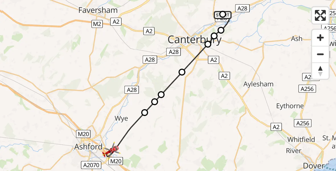 Flight path map showing Air Ambulance Helicopter route from Sturry to Ashford