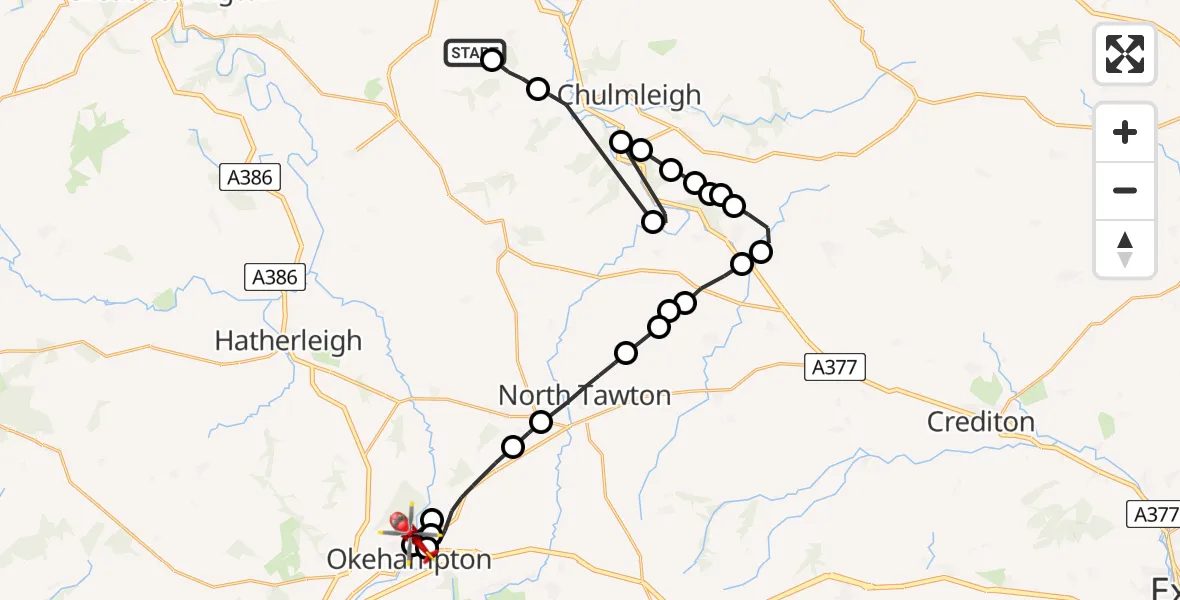 Flight path map showing Air Ambulance Helicopter route from North Devon to Okehampton