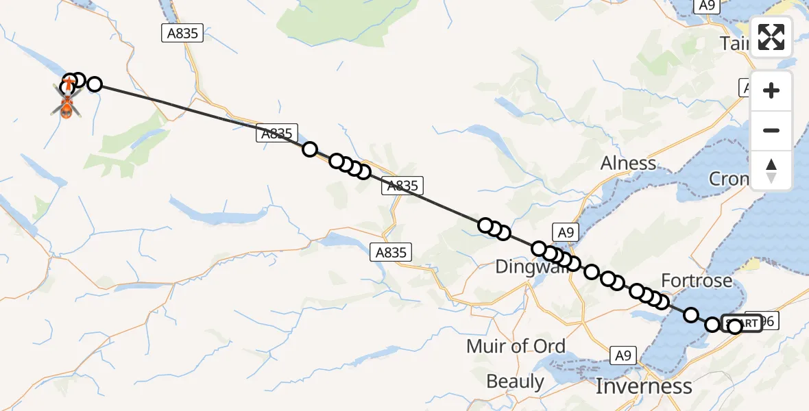 Flight path map showing Coastguard Helicopter route from Inverness Airport to Larachantivore