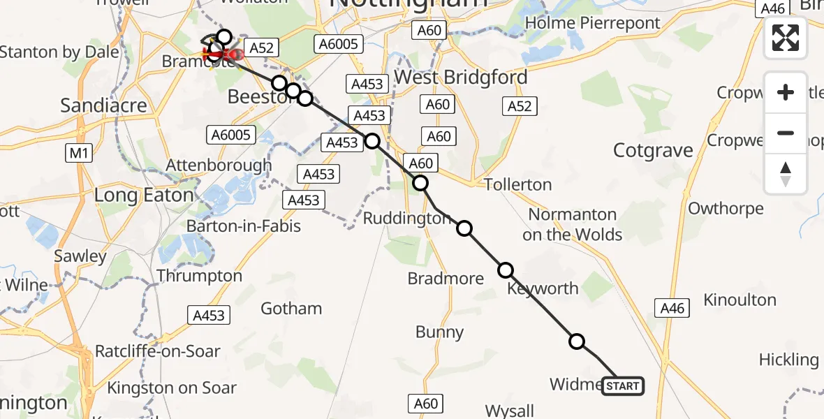 Flight path map showing Air Ambulance Helicopter route from Widmerpool to Beeston