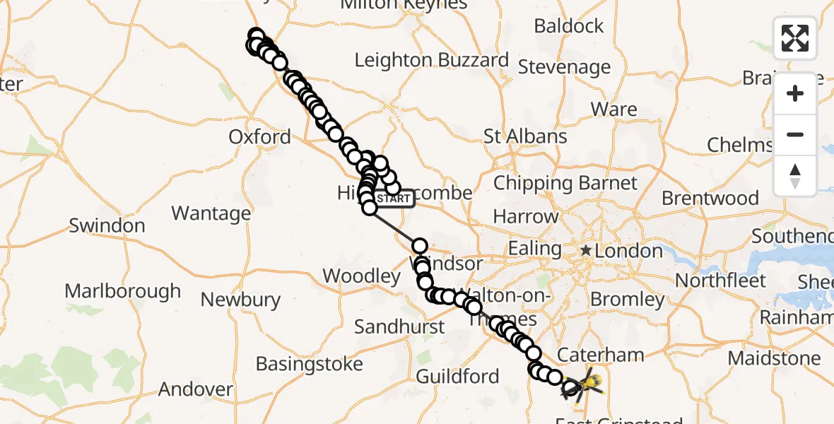 Flight path map showing Police Helicopter route from High Wycombe to Redhill Aerodrome