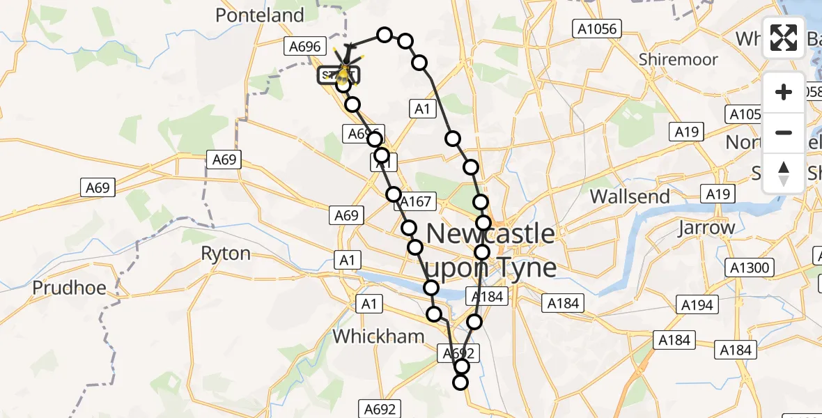 Flight path map showing Police Helicopter route from Newcastle International Airport to Newcastle International Airport