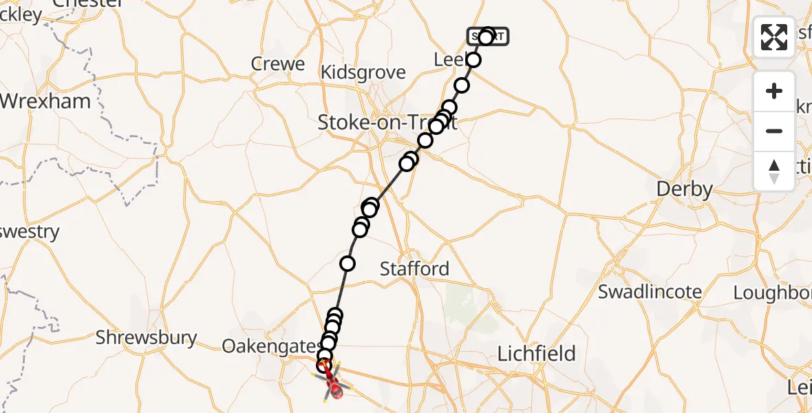 Flight path map showing Air Ambulance Helicopter route from Staffordshire Moorlands to Cosford