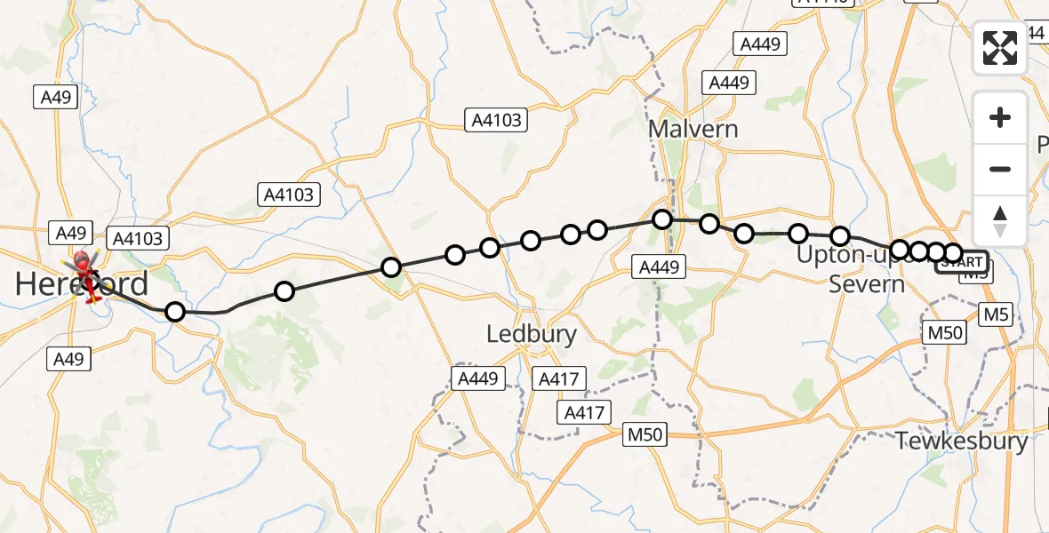 Flight path map showing Air Ambulance Helicopter route from Hill Croome to Hereford