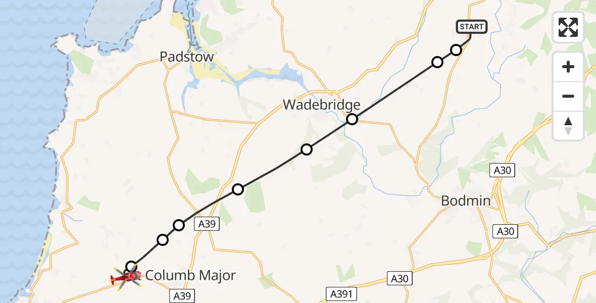 Flight path map showing Air Ambulance Helicopter route from Michaelstow to Cornwall Airport Newquay