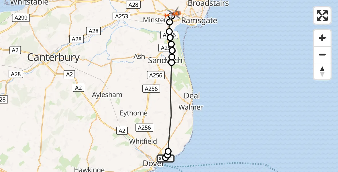 Flight path map showing Coastguard Helicopter route from Langdon Battery Heliport to Manston Airport