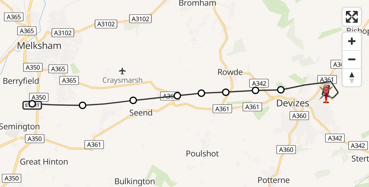 Flight path map showing Air Ambulance Helicopter route from Wiltshire Air Ambulance to Devizes