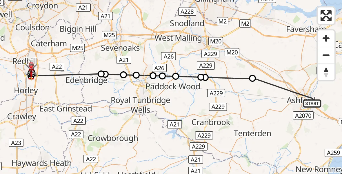 Flight path map showing Air Ambulance Helicopter route from Ashford to Redhill Aerodrome