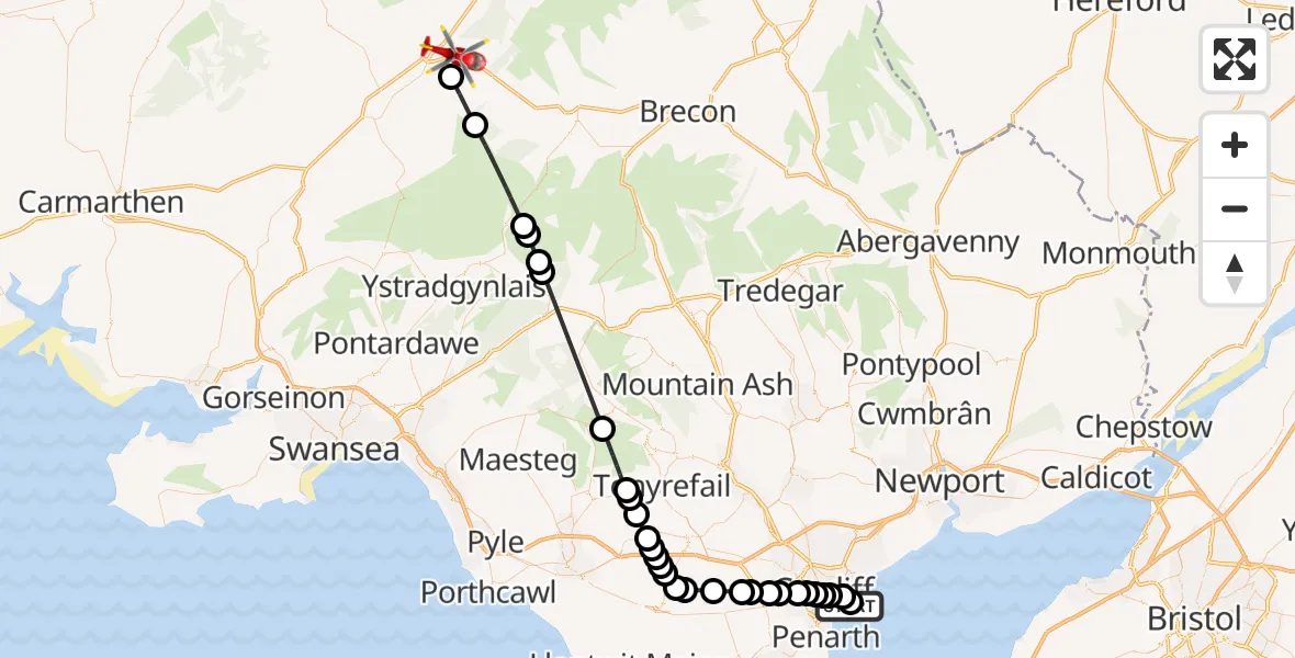 Flight path map showing Air Ambulance Helicopter route from Cardiff Heliport to Llandovery