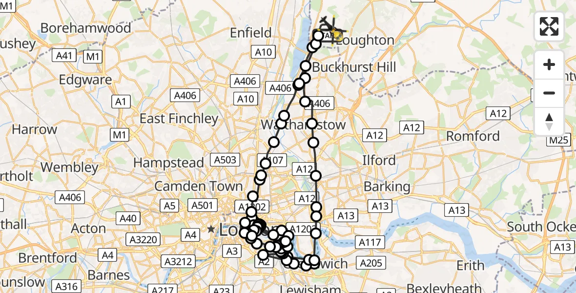 Flight path map showing Police Helicopter route from Sewardstonebury to Sewardstonebury