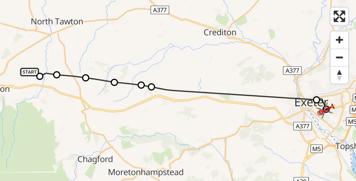 Flight path map showing Air Ambulance Helicopter route from West Devon to Royal Devon & Exeter Hospital
