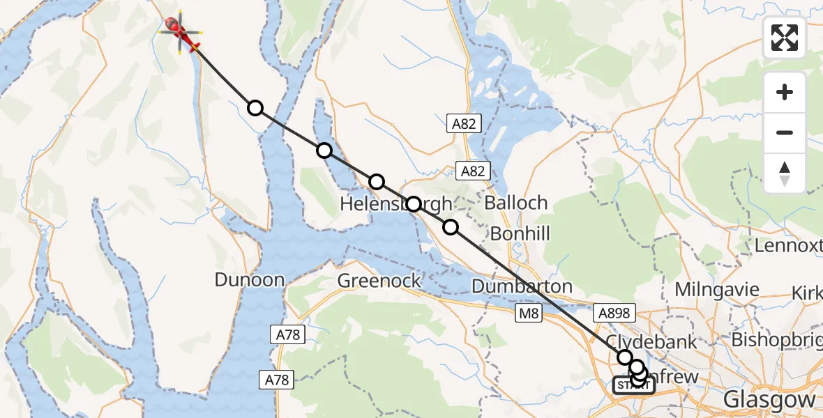 Flight path map showing Air Ambulance Helicopter route from Glasgow Airport to Strachur