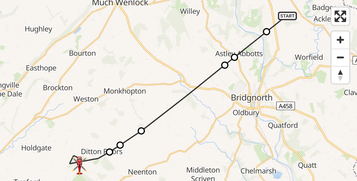 Flight path map showing Air Ambulance Helicopter route from Worfield to Ditton Priors