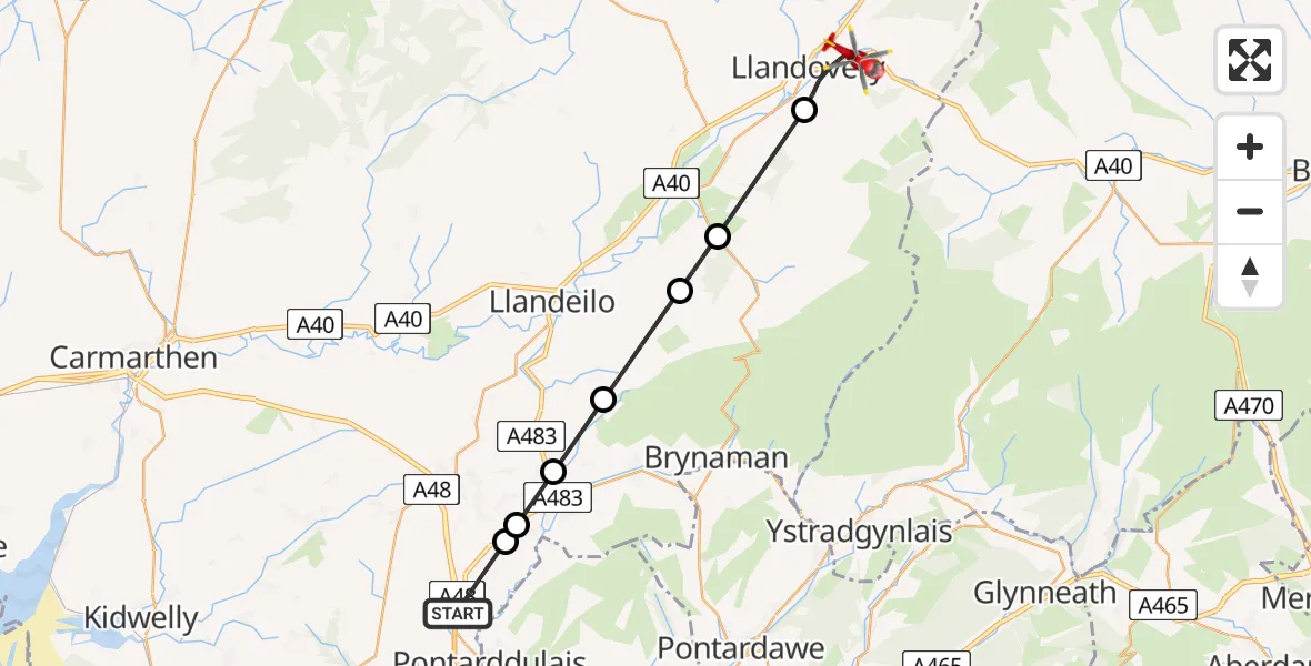 Flight path map showing Air Ambulance Helicopter route from Llanedi to Llandovery