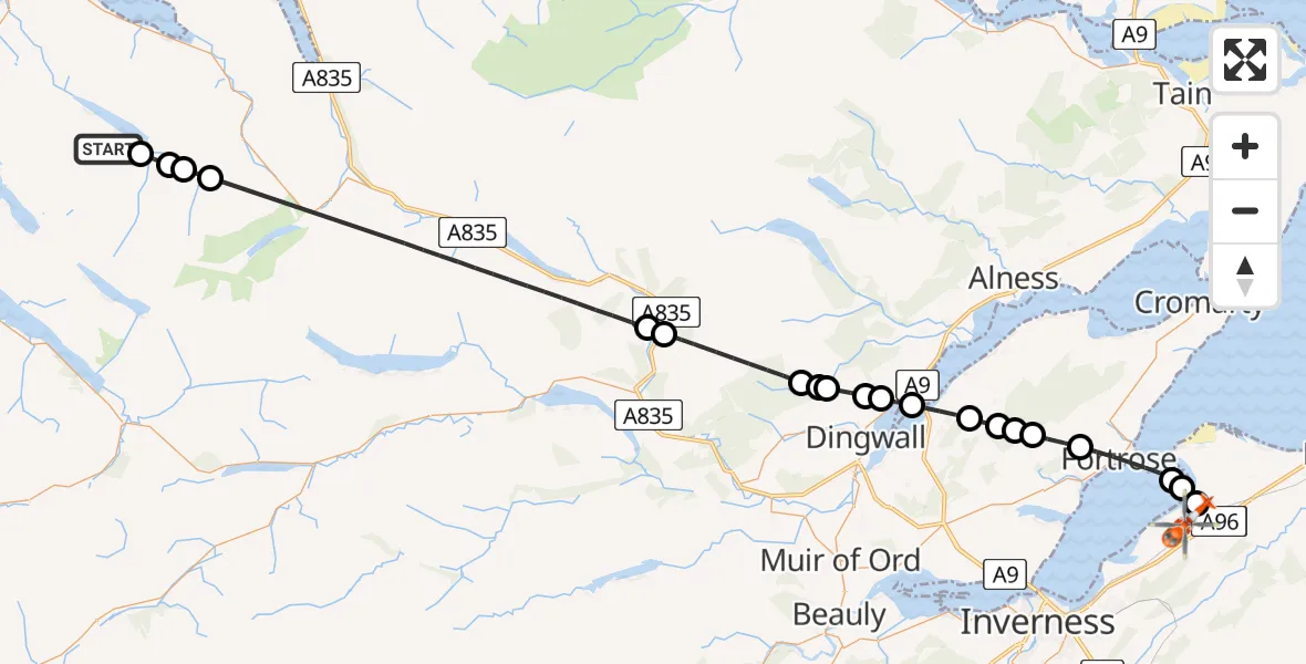 Flight path map showing Coastguard Helicopter route from Highland to Inverness Airport