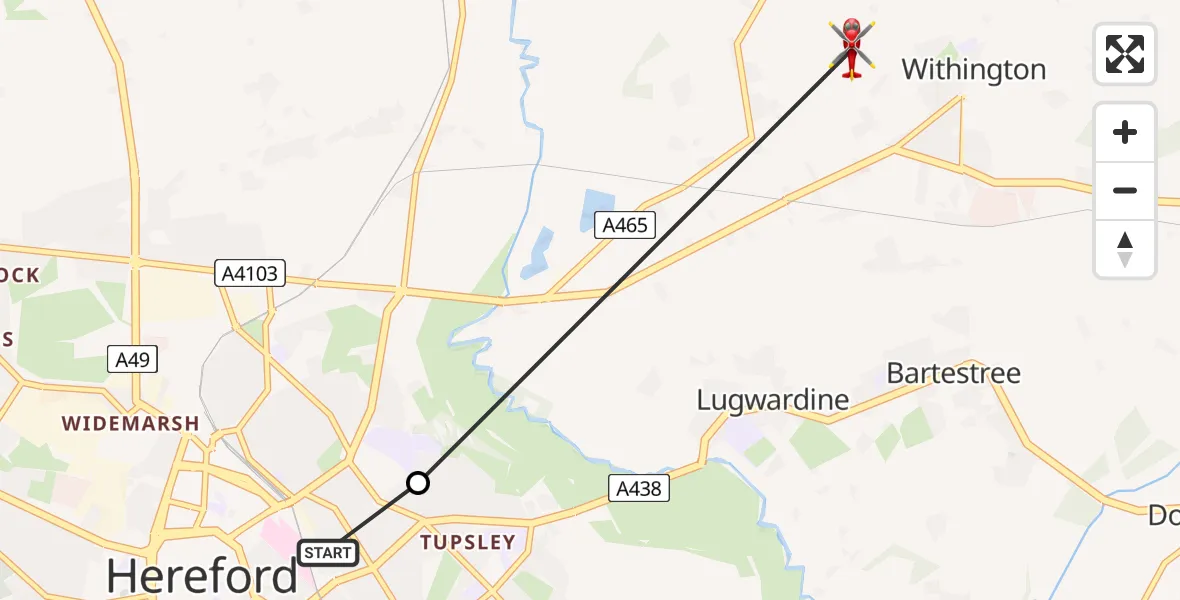 Flight path map showing Air Ambulance Helicopter route from Hereford County Hospital to Withington Marsh