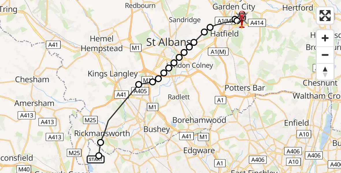 Flight path map showing Air Ambulance Helicopter route from Harefield Hospital to Welwyn Garden City