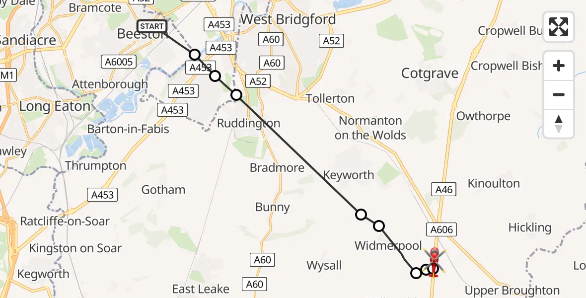 Flight path map showing Air Ambulance Helicopter route from Beeston to Nottingham Heliport