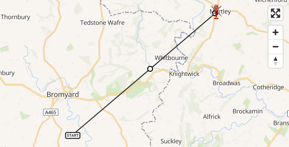 Flight path map showing Air Ambulance Helicopter route from Avenbury to Martley