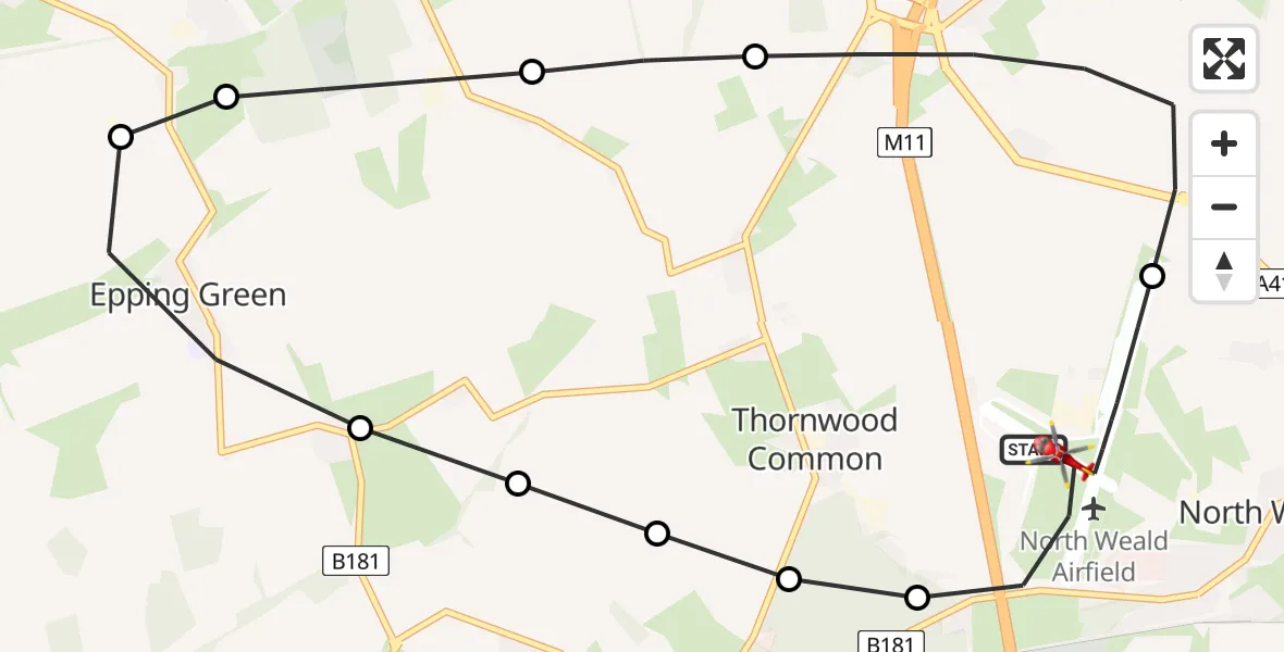 Flight path map showing Air Ambulance Helicopter route from North Weald Airfield to North Weald Airfield