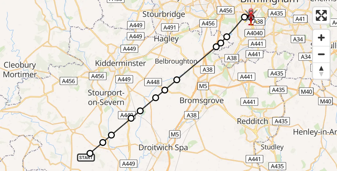 Flight path map showing Air Ambulance Helicopter route from Little Witley to Queen Elizabeth Hospital Helipad