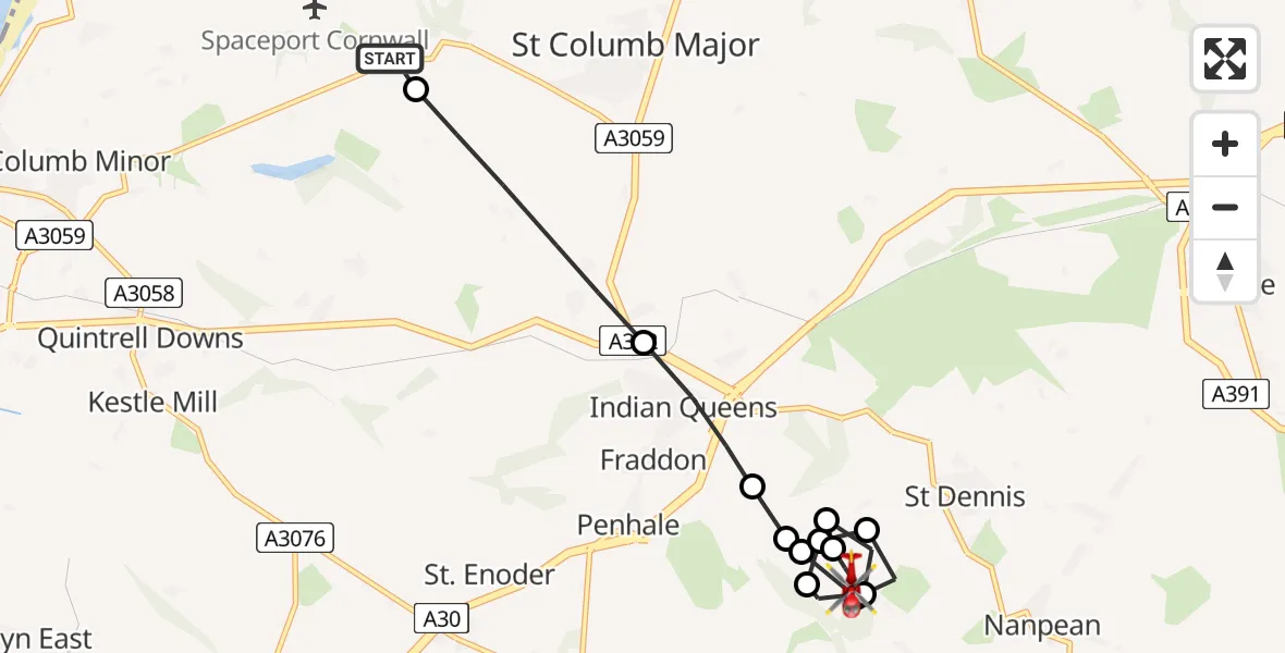 Flight path map showing Air Ambulance Helicopter route from Cornwall Airport Newquay to St. Dennis
