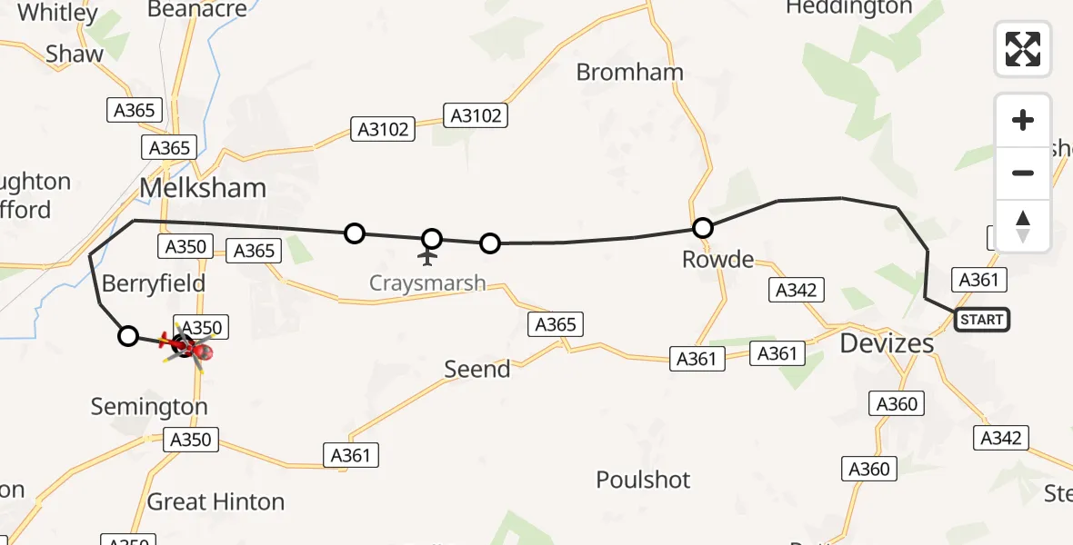 Flight path map showing Air Ambulance Helicopter route from Devizes to Wiltshire Air Ambulance