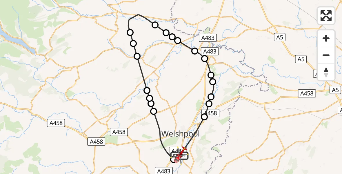 Flight path map showing Air Ambulance Helicopter route from Welshpool Airport to Welshpool