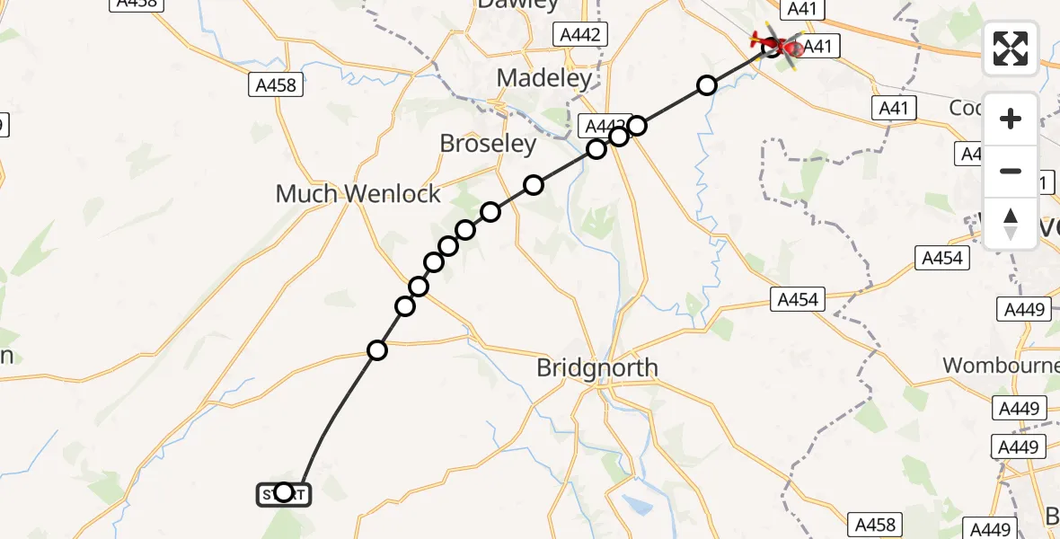 Flight path map showing Air Ambulance Helicopter route from Ditton Priors to Cosford