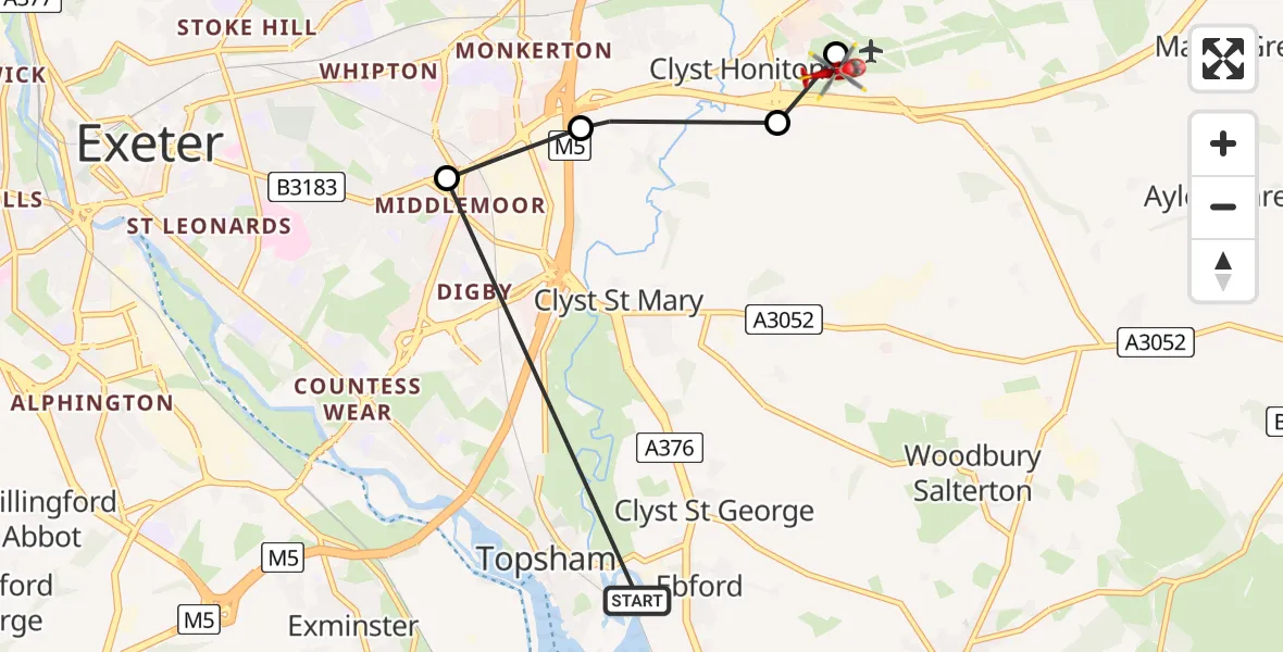 Flight path map showing Air Ambulance Helicopter route from Topsham to Exeter International Airport