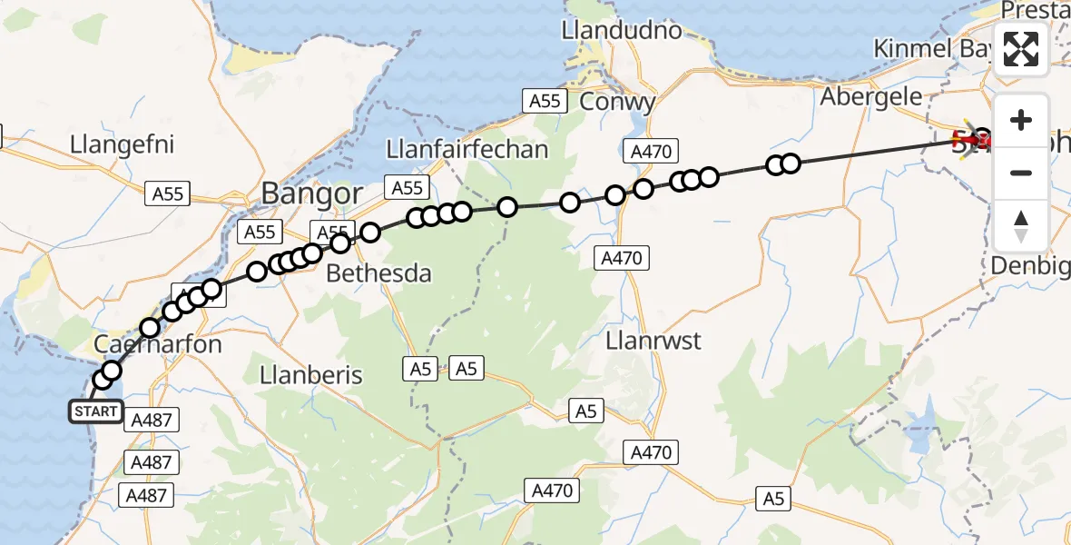 Flight path map showing Air Ambulance Helicopter route from Caernarfon Airport to St Asaph