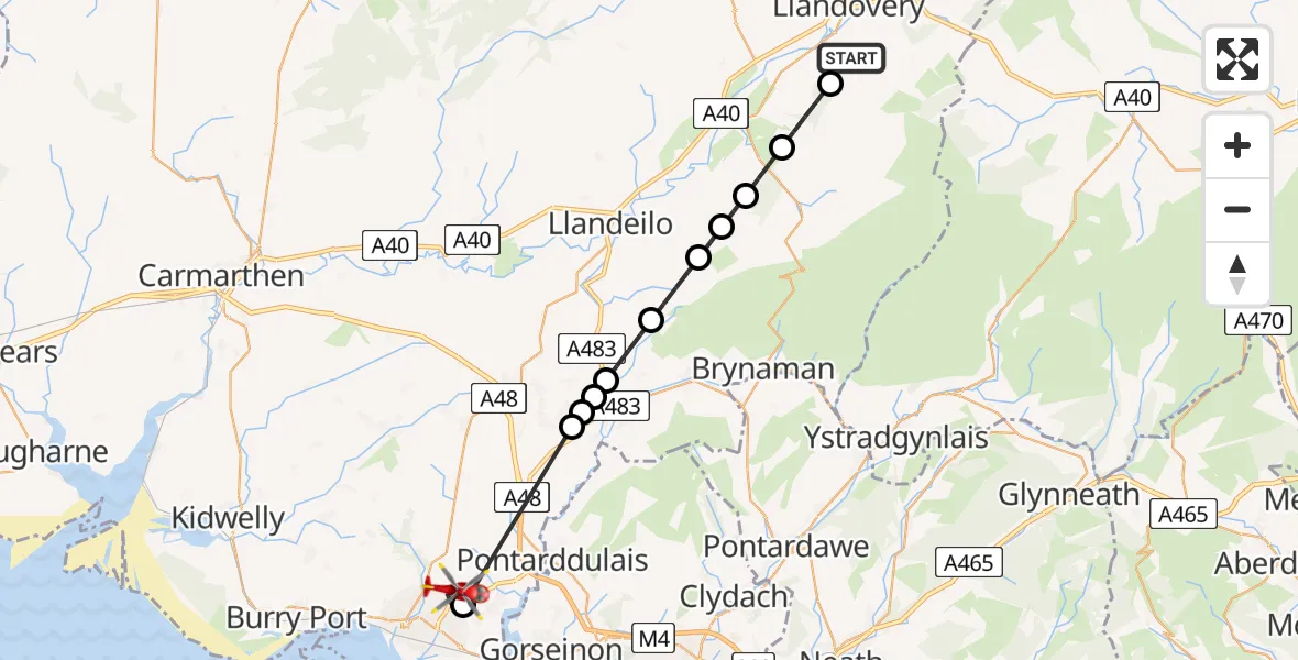 Flight path map showing Air Ambulance Helicopter route from Llandovery to Dafen