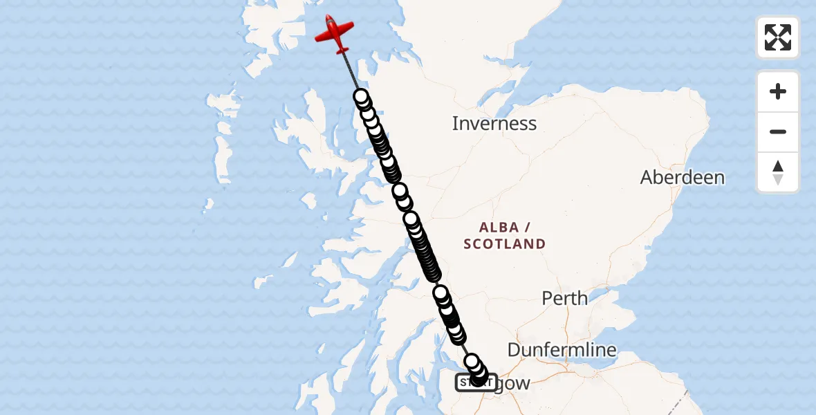 Flight path map showing Air Ambulance Aircraft route from Glasgow Airport to Inner Seas