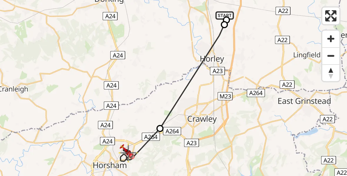 Flight path map showing Air Ambulance Helicopter route from Redhill Aerodrome to Horsham