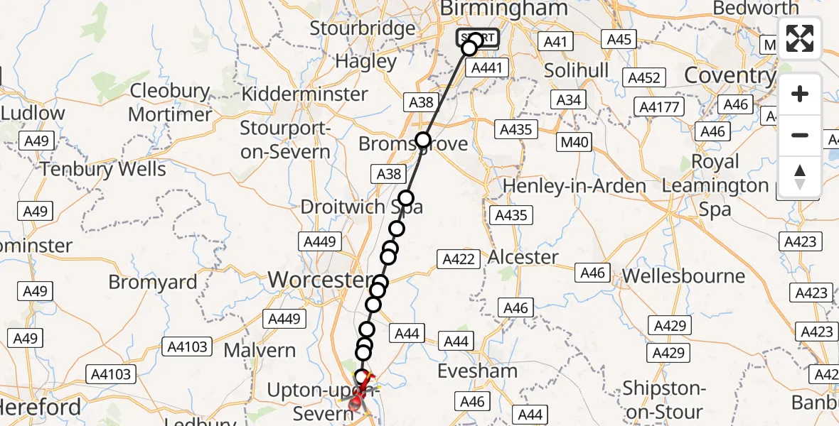 Flight path map showing Air Ambulance Helicopter route from Queen Elizabeth Hospital Helipad to Upper Strensham