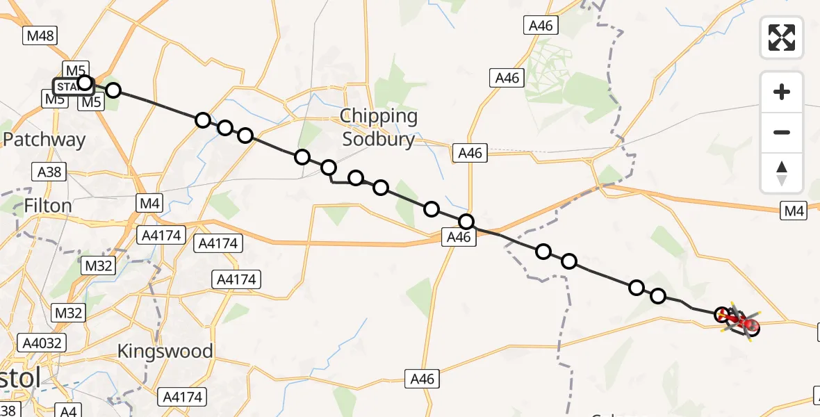 Flight path map showing Air Ambulance Helicopter route from Almondsbury Helicopter Base to Biddestone
