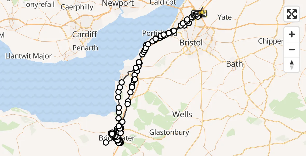 Flight path map showing Police Helicopter route from Woodlands to Almondsbury Helicopter Base