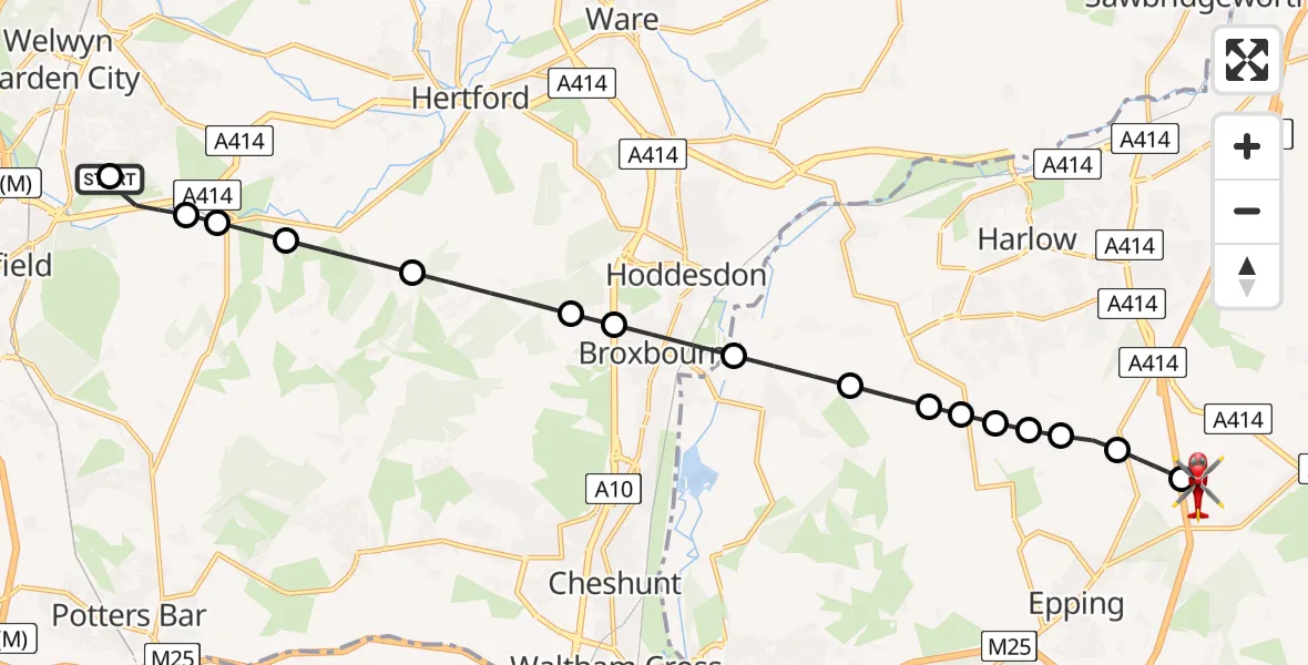 Flight path map showing Air Ambulance Helicopter route from Hatfield to North Weald Airfield