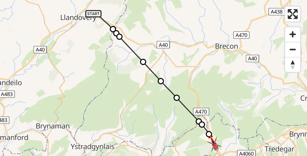 Flight path map showing Air Ambulance Helicopter route from Llandovery to Llwyn-onn