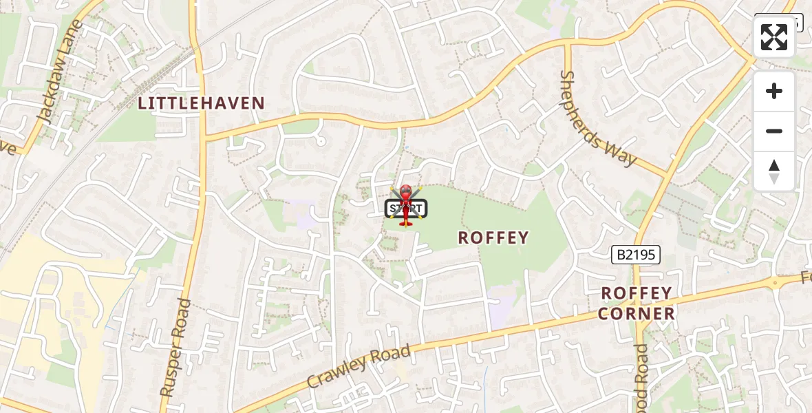 Flight path map showing Air Ambulance Helicopter route from Horsham to Horsham