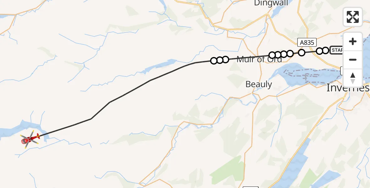 Flight path map showing Air Ambulance Helicopter route from Inverness to Highland