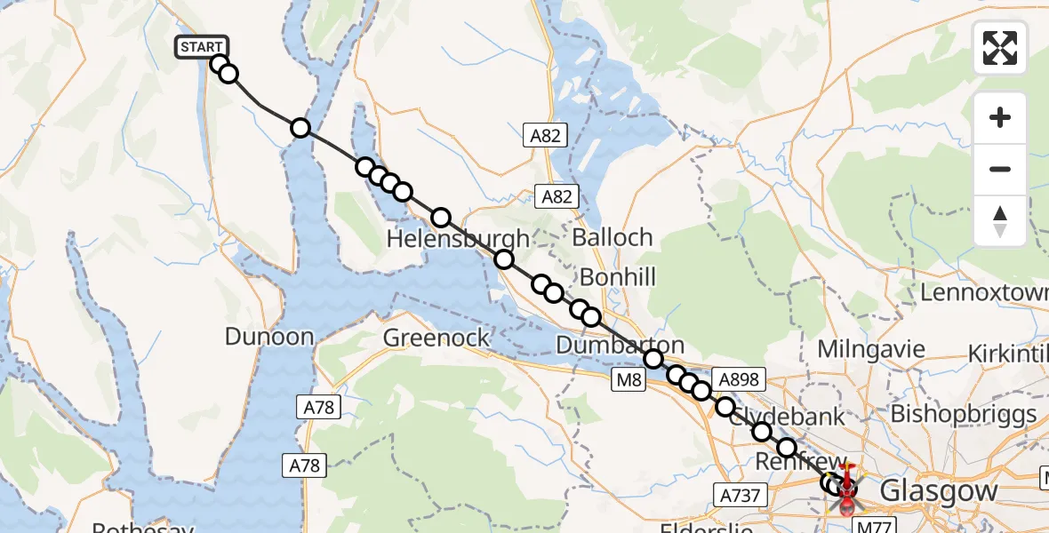Flight path map showing Air Ambulance Helicopter route from Strachur to Queen Elizabeth Hospital